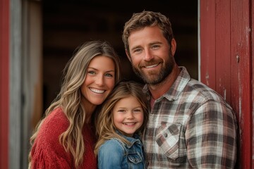 Smiling family portrait in front of a rustic barn during golden hour, showcasing love and warmth in a rural setting