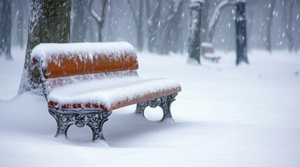 Snow-covered bench in the park, heavy snow, weather change.