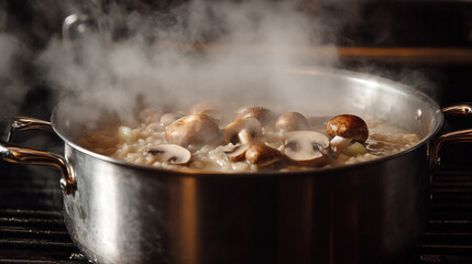 creamy mushroom risotto with arborio rice, sautéed mushrooms, onions, and parsley, elegantly plated in a rustic setting. Symbolizes comfort, sophistication, and culinary artistry