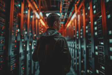Obraz premium System engineer standing in server room in data center He looked at the network.