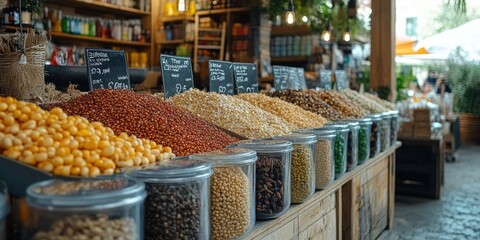 Fototapeta premium Vibrant display of various grains and seeds in a farmer's market.