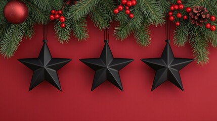 Elegant Black Star Christmas Ornaments Red Background Festive Decor