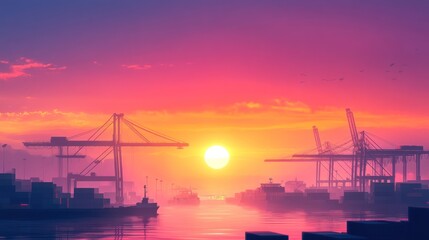 Obraz premium Sunset Over Harbor Cranes