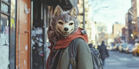 Dog-masked teenager mimicking canine behavior on a city street, playful and quirky,