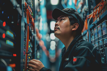Fototapeta premium System engineer standing in server room in data center He looked at the network.
