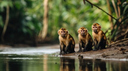 Three Monkeys Sitting Together by Riverbank in Lush Green Tropical Forest Environment During Daytime with Reflections on Water Surface