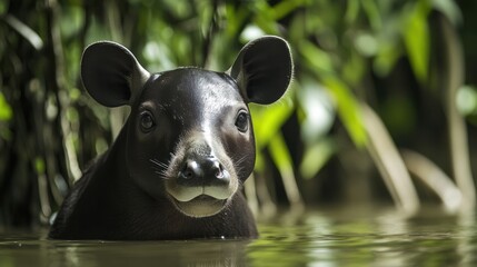 Fototapeta premium Young Tapir Emerging from Water in Lush Green Tropical Environment Surrounded by Vegetation and Reflections in the Calm Water Surface