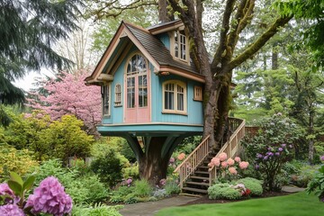Exploring a whimsical treehouse retreat lush garden photography serene environment nature's playground