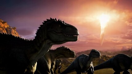 Meteorite of the extinction of the dinosaurs, dinosaurs in the front, meteor falling in the background - Powered by Adobe