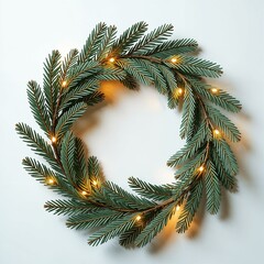 Round wreath of white spruce branches with warm light garland lights isolated on white background top view