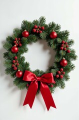 Christmas wreath on a white background with red satin ribbon bows and New Year decorations