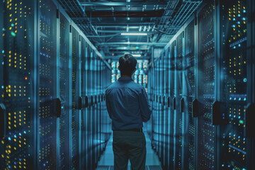 Fototapeta premium System engineer standing in server room in data center He looked at the network.