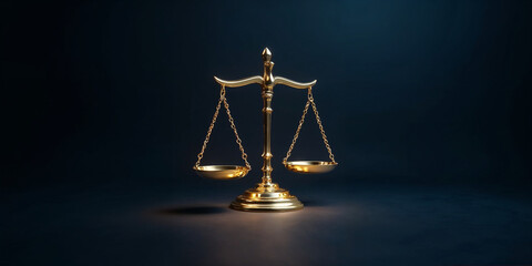 3D representation of a color gold scales of justice, clean background, illuminated by gentle lighting that enhances its elegance, reflecting themes of justice, balance and Law.