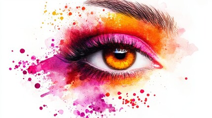 Watercolor eye with splashes, beauty salon concept. 