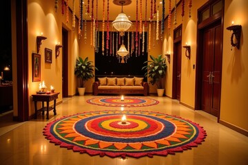 Obraz premium Vibrant diwali rangoli patterns illuminating a traditional living room decor with hanging lanterns.