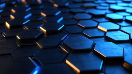 Fototapeta premium Close-Up View of a Hexagonal Pattern with Glowing Edges and a Sleek Metallic Finish in Blue Lighting, Perfect for Backgrounds or Abstract Designs