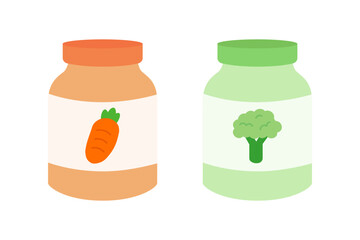 Newborn baby carrot and broccoli food. Healthcare, childcare, childhood, nutrition concepts. Flat vector design isolated illustration.