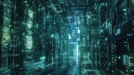Abstract futuristic corridor with glowing green data streams in a digital space, showcasing advanced technology and cybernetic architecture for modern concepts.