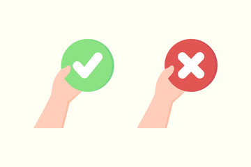 Hand holding green tick check and red cross symbol. Opportunity, choice, decision, vote, result concept. Flat character vector design isolated illustration.