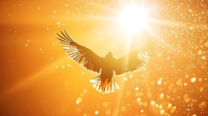 Fototapeta premium Majestic Bird in Flight Against a Glorious Sunset with Radiant Light and Sparkling Bokeh Effect Creating an Atmosphere of Freedom and Serenity
