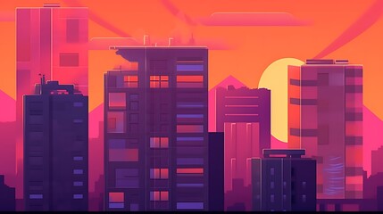 Cityscape at Sunset with Tall Buildings and Warm Hues