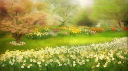 Obraz premium Spring Garden Blooming Daffodils And Tulips