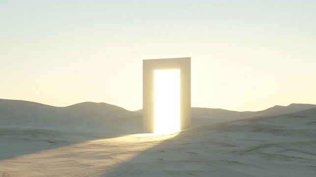 open door in a barren desert emits radiant sunlight, symbolizing hope, opportunity, and transformation amid desolation. The glowing light signifies a fresh start and infinite possibilities
