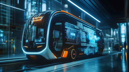 Futuristic Autonomous Vehicle Displaying Digital Interface in Neon Urban Environment with Bright Lights and Modern Architecture