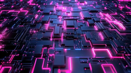 Obraz premium Abstract futuristic background with intricate patterns of glowing pink neon lights on dark surface, representing technology, digital art, and innovation in motion.