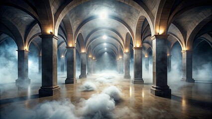 Mysterious Hallway with Arched Columns and Foggy Floor