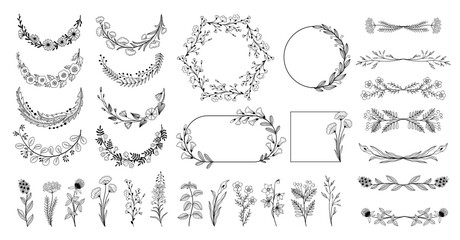 Floral borders and dividers. Decorative flower frame with elegant plant greenery, minimalist botanical emblem for wedding invitation card. Vector set