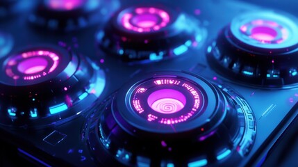 Futuristic Control Panel with Glowing Circular Interfaces and Neon Lights in High-Tech Background for Sci-Fi and Technology Concepts