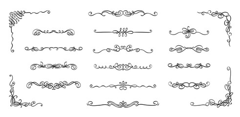 Ornamental calligraphy elements. Vintage decorative frames, elegant flourish swirls and filigree borders, classic wedding invitation design. Vector set