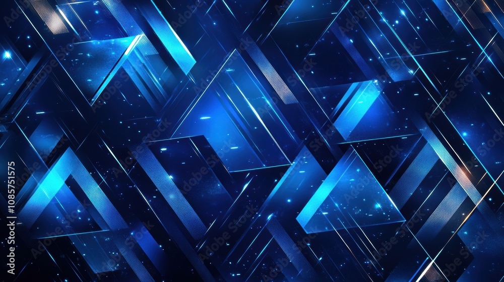 Poster abstract geometric design featuring overlapping blue triangles and lines, creating a luminous effect