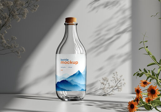Glass Bottle Mockup with Minimal Label &ndash; Ideal for Juice, Kombucha, Sparkling Water, or Cold Brew Branding in Sunlit Natural Scene with Elegant Product Focus
