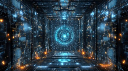 Futuristic Digital Tunnel with Glowing Circuits and Neon Lights, Creating a High-Tech Atmosphere for Science Fiction and Technology Concepts
