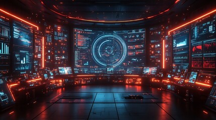Business strategy room filled digital tech tools holographic displays glowing analytics interfaces visualizing market analysis and future planning