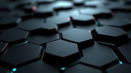 Obraz premium Abstract black hexagonal pattern with glowing edges, showcasing modern design and technology, ideal for backgrounds, wallpapers, or futuristic themes with depth and texture.