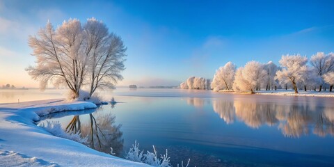 Serene Winter Landscape Frost-Covered Trees Reflected in a Calm Frozen Lake at Sunrise