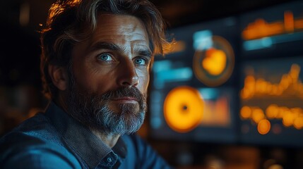 Business strategy meeting digital screens showing glowing visual business insights realtime analytics market projections for informed decisionmaking