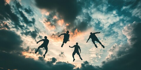Low-angle shot of quadrobics against a cloudy sky, epic silhouette,