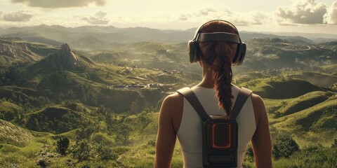 Over-the-shoulder view of quadrobics athlete in training with scenic hills, cinematic scope,