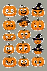 A Spooktacular Collection of 15 Hilarious Halloween Pumpkins: Festive Jack-o'-Lantern Stickers with Witch Hats and Funny Faces for Autumn Celebrations