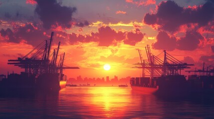 Fototapeta premium Fiery Sunset over a Busy Container Port