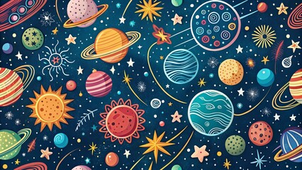Fototapeta premium Vibrant Cosmic Scene Featuring Planets, Stars, and Celestial Bodies in a Whimsical Style