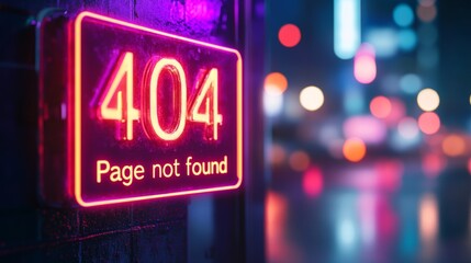 Neon 404 Error Sign Page Not Found Message on Glowing Digital Display, Night City Background