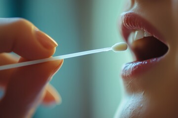 A person gently rubbing a DNA testing swab inside their mouth, highlighting a process commonly used for genetic analysis or ancestry testing