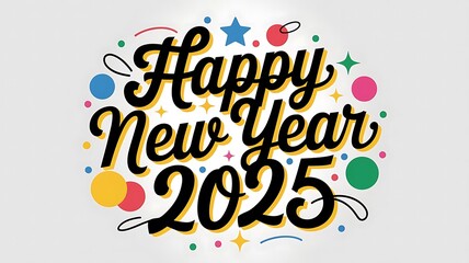 Festive New Year 2025 Banner with 'Happy New Year' Text in Cursive and Colorful Confetti Background