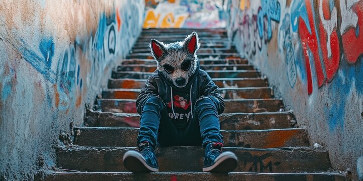 Teenager in a dog mask sitting on a graffiti-covered staircase, imitating animal behavior, rebellious vibe,