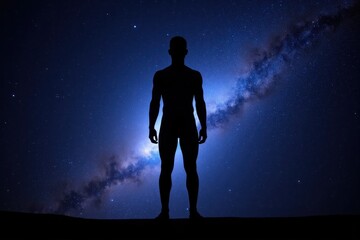 Obraz premium Silhouette of a human figure against the milky way galaxy under a starry night sky.
